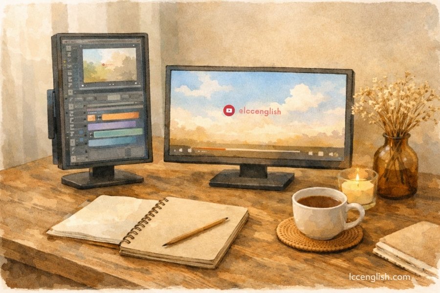 Cozy watercolor workspace with dual monitors and notebook on a wooden desk 溫暖桌面上的雙螢幕創作空間水彩插畫