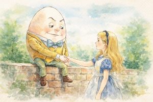 Humpty Dumpty sitting on a wall and shaking hands with Alice from Through the Looking-Glass, watercolor illustration. Humpty Dumpty 坐在牆上與《愛麗絲鏡中奇遇》中的 Alice 握手的水彩插畫。