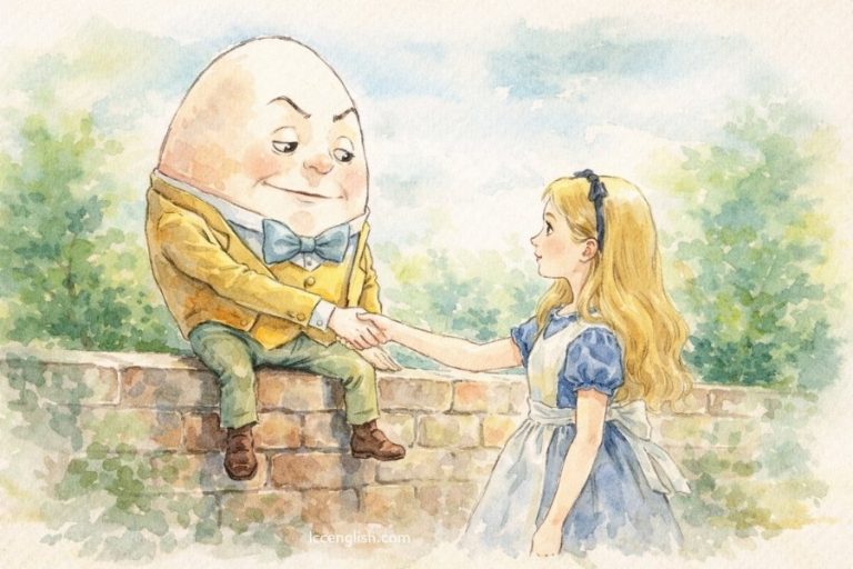 Humpty Dumpty sitting on a wall and shaking hands with Alice from Through the Looking-Glass, watercolor illustration. Humpty Dumpty 坐在牆上與《愛麗絲鏡中奇遇》中的 Alice 握手的水彩插畫。