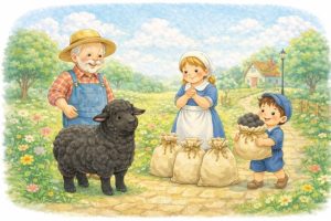 Baa baa black sheep, have you any wool? Yes sir, yes sir, three bags full. One for the master, one for the dame. And one for the little boy who lives down the lane. Baa baa black sheep, have you any wool? Yes sir, yes sir, three bags full. Mother Goose Nursery Rhyme 鵝媽媽童謠 咩咩叫的黑羊