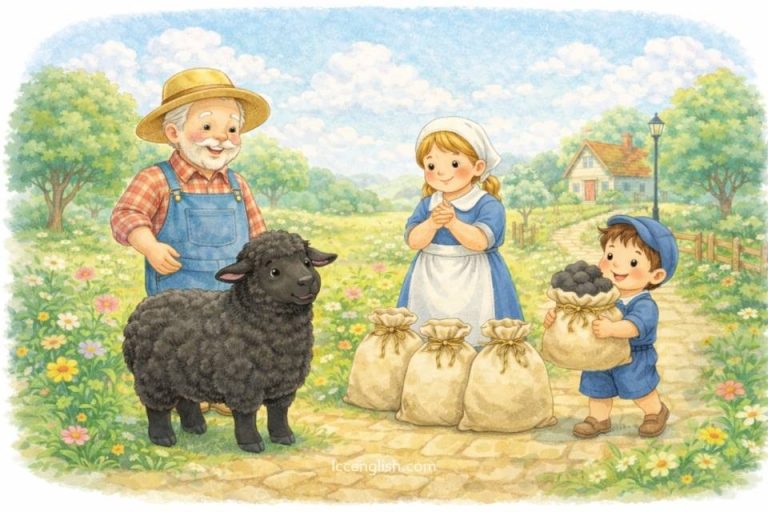Baa baa black sheep, have you any wool? Yes sir, yes sir, three bags full. One for the master, one for the dame. And one for the little boy who lives down the lane. Baa baa black sheep, have you any wool? Yes sir, yes sir, three bags full. Mother Goose Nursery Rhyme 鵝媽媽童謠 咩咩叫的黑羊