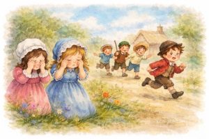 Georgie Porgie, pudding and pie, Kissed the girls and made them cry. When the boys came out to play, Georgie Porgie ran away. Mother Goose Nursery Rhymes 鵝媽媽童謠 英文童謠 喬治波吉