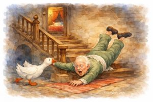 Goosey goosey gander, Where shall I wander? Upstairs and downstairs And in my lady's chamber. There I met an old man Who wouldn't say his prayers, So I took him by his left leg And threw him down the stairs. Mother Goose Nursery Rhyme 鵝媽媽童謠
