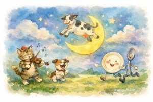 Hey, diddle, diddle, the cat and the fiddle. The cow jumped over the moon; The little dog laughed to see such sport, And the dish ran away with the spoon. 鵝媽媽童謠 英文童謠 嘿,嘀哩嘀哩