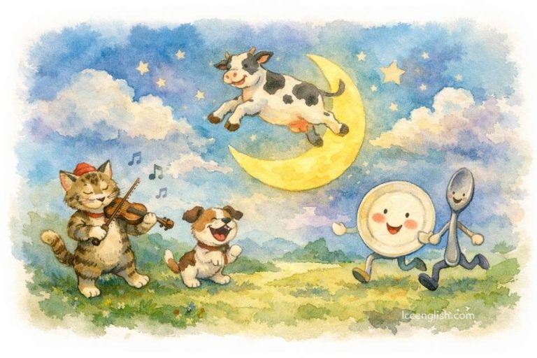 Hey, diddle, diddle, the cat and the fiddle. The cow jumped over the moon; The little dog laughed to see such sport, And the dish ran away with the spoon. 鵝媽媽童謠 英文童謠 嘿，嘀哩嘀哩