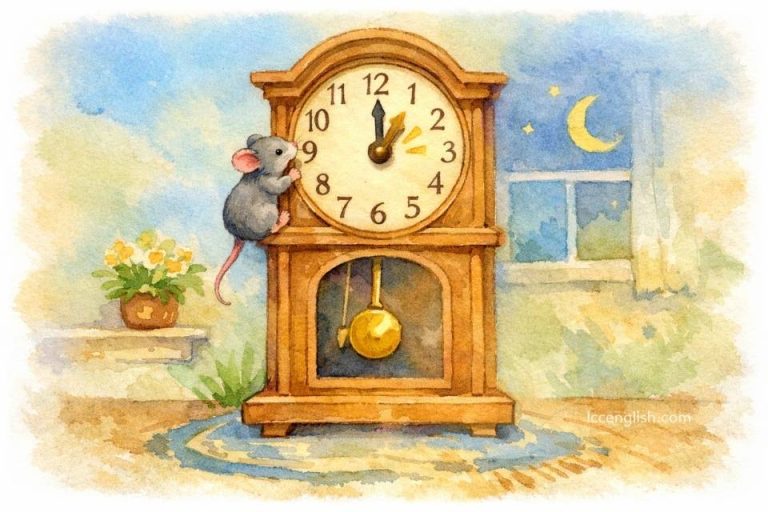 Hickory dickory dock. The mouse ran up the clock. The clock struck one, The mouse ran down, Hickory dickory dock. Mother Goose Nursery Rhymes 鵝媽媽童謠 英文童謠 滴答滴答噹