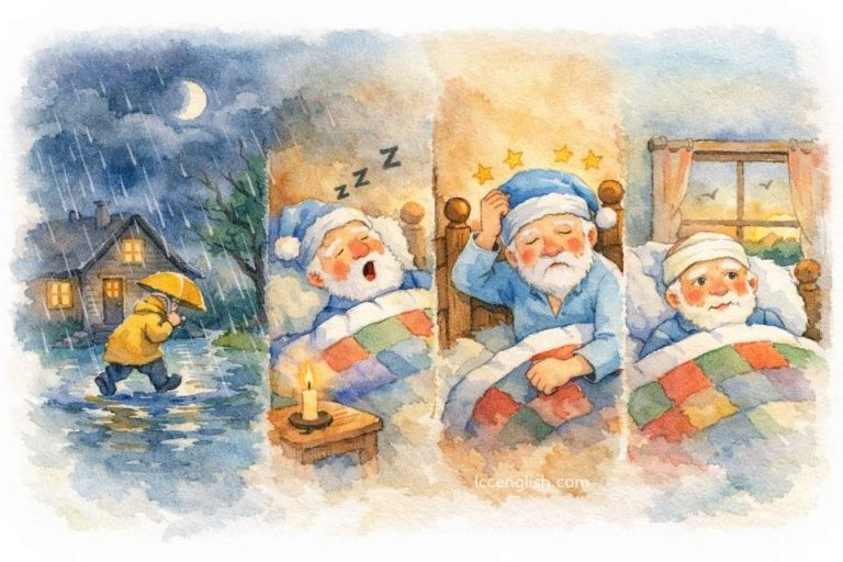 It's raining; it's pouring, The old man is snoring. He went to bed and bumped his head, And couldn't get up in the morning. 鵝媽媽童謠 Mother Goose Nursery Rhyme 下大雨了，下傾盆大雨了
