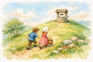 Jack and Jill walking up a hill with a bucket to fetch water. 傑克和吉兒提著水桶走上小山丘去打水。