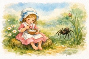 Sat on a tuffet, Eating her curds and whey; Along came a spider Who sat down beside her And frightened Miss Muffet away. Mother Goose Nursery Rhymes 鵝媽媽童謠 小瑪菲特小姐