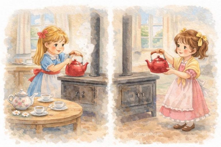 Watercolor illustration of two girls putting a kettle on the stove from the nursery rhyme “Polly Put the Kettle On.” 波莉放上水壺了 鵝媽媽童謠