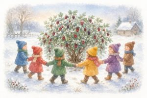 Children walking around a mulberry bush on a cold frosty morning, watercolor illustration for the nursery rhyme “Here We Go Round the Mulberry Bush”. 孩子們在寒冷結霜的早晨圍著桑樹唱歌遊戲的水彩插圖
