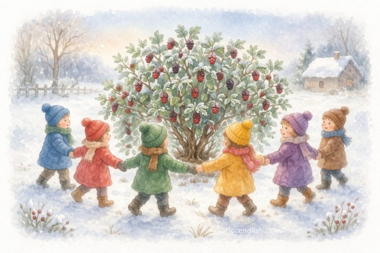 Children walking around a mulberry bush on a cold frosty morning, watercolor illustration for the nursery rhyme “Here We Go Round the Mulberry Bush”. 孩子們在寒冷結霜的早晨圍著桑樹唱歌遊戲的水彩插圖