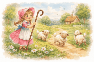 Little Bo-Peep with her sheep in a countryside meadow 小牧羊女 小波比 鵝媽媽童謠