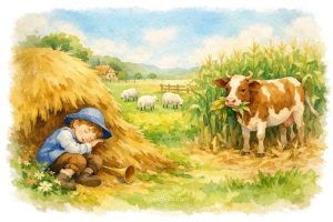 Little Boy Blue nursery rhyme illustration: a boy sleeping under a haystack while sheep and a cow roam the farm. 小男孩 布魯 在乾草堆下睡著，羊在草地上吃草，一頭牛在玉米田裡吃玉米。
