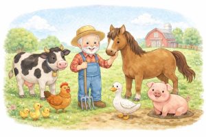 Old MacDonald had a farm, E-I-E-I-O. And on his farm he had a cow, E-I-E-I-O. With a moo moo here, And a moo moo there, Here a moo, there a moo, Everywhere a moo moo. Old MacDonald had a farm, E-I-E-I-O. 英文兒歌 王老先生有塊地 老麥當勞有一座農場