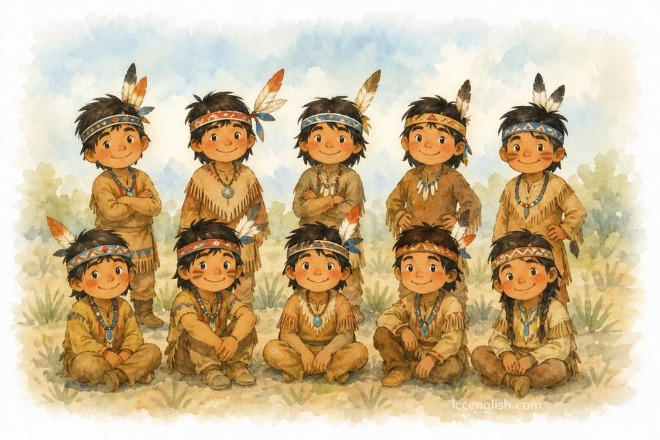 One little, two little, three little Indians Four little, five little, six little Indians Seven little, eight little, nine little Indians Ten little Indian boys 英文兒歌 英文童謠 十個小印第安人 十個印第安小男孩