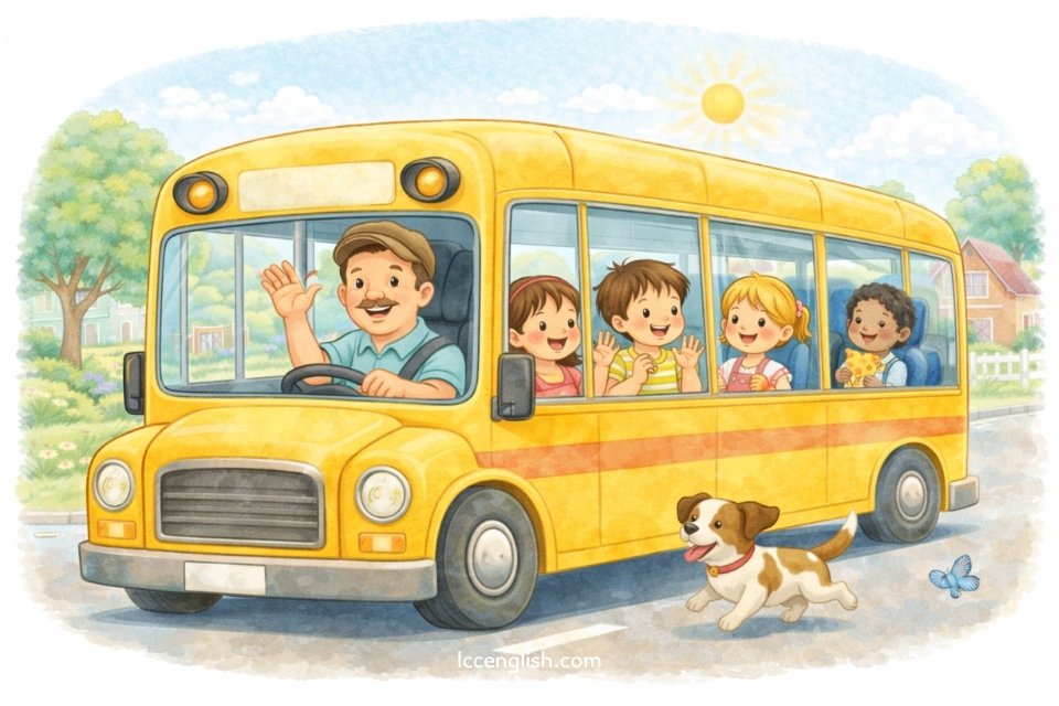 The wheels on the bus go round and round Round and round, round and round The wheels on the bus go round and round All through the town 英文兒歌 公車上的輪子