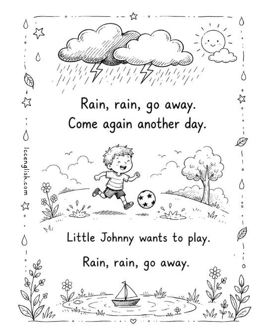 Black and white printable lyric card for the nursery rhyme Rain Rain Go Away with simple hand-drawn illustrations for kids and ESL learners.