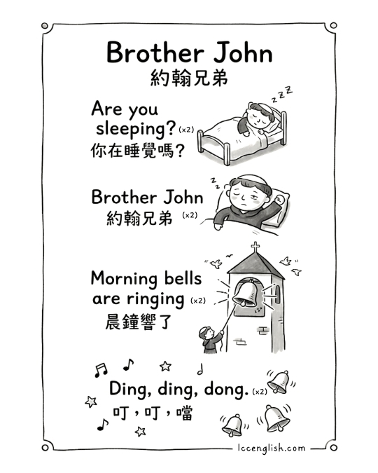 Black and white bilingual printable lyric card for the nursery rhyme Brother John with hand-drawn illustrations for kids and ESL learners.