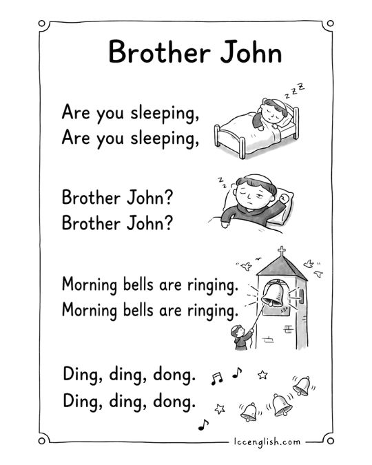 Black and white printable lyric card for the nursery rhyme Brother John with hand-drawn illustrations for kids and ESL learners.