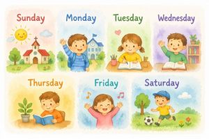 Sunday, Monday, Tuesday, Wednesday, Thursday, Friday, Saturday. 英文星期