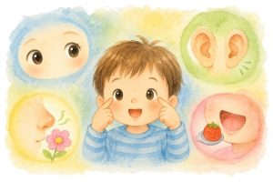 I use my eyes to see see see I use my nose to smell smell smell I use my ears to hear hear hear My hands to touch And my tongue to taste 五官感覺，五感英文