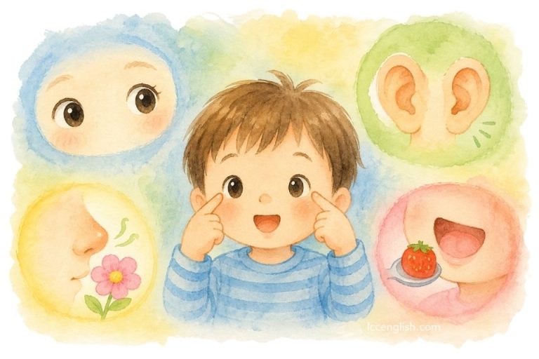 I use my eyes to see see see I use my nose to smell smell smell I use my ears to hear hear hear My hands to touch And my tongue to taste 五官感覺，五感英文