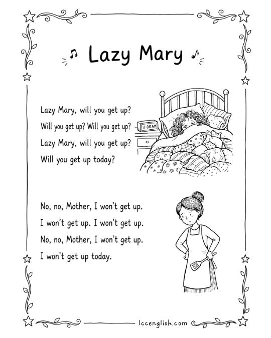 Black and white printable lyric card for the nursery rhyme Lazy Mary with hand-drawn illustrations for kids and ESL learners.