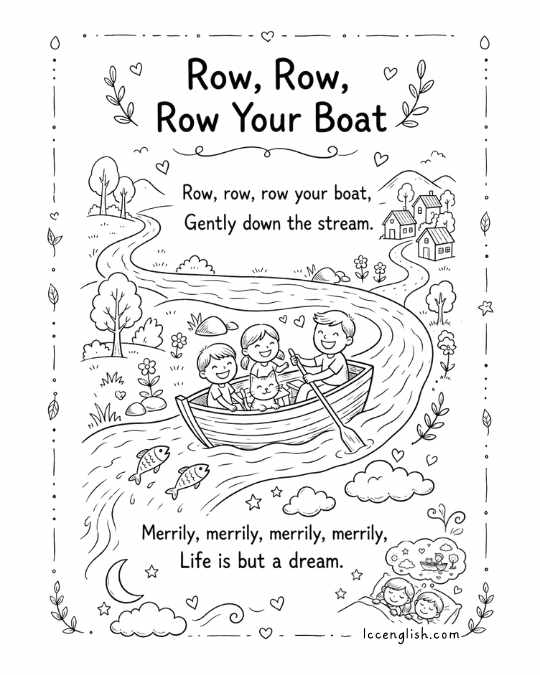 Black and white printable lyric card for the nursery rhyme Rain Rain Go Away with hand-drawn illustrations for kids and ESL learners.