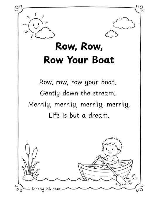 Black and white printable nursery rhyme lyric card with English lyrics and hand-drawn illustrations for kids and ESL learners.