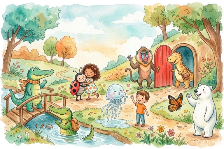 See you later, alligator. In a while, crocodile. Give a hug, ladybug. Blow a kiss, jellyfish. See you soon, big baboon. Out the door, dinosaur. Take care, polar bear. Wave goodbye, butterfly.