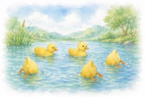 All my little ducklings Swimming on the lake, Swimming on the lake Heads in the water Tails up in the air.