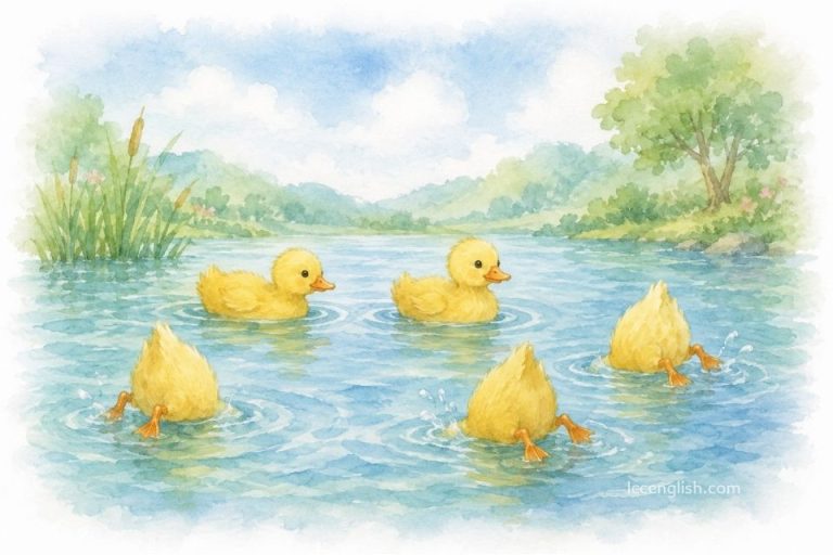 All my little ducklings Swimming on the lake, Swimming on the lake Heads in the water Tails up in the air.
