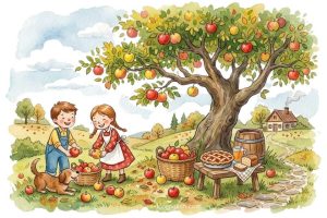 Apples juicy, apples round, On the tree or on the ground. Apples yellow, apples red, Apple pie and juice and bread! Apples crunchy, apples sweet, Apples are so good to eat!