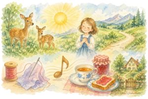 Doe, a deer, a female deer Ray, a drop of golden sun Me, a name I call myself Far, a long, long way to run Sew, a needle pulling thread La, a note to follow Sew Tea, a drink with jam and bread That will bring us back to Do