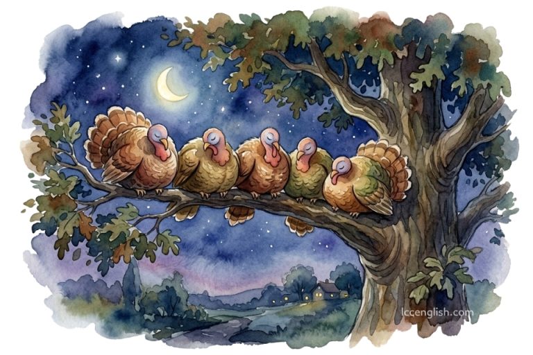 Five fat turkeys are we. We slept all night in a tree. When the cook came around, we couldn't be found So that’s why we’re here you see!