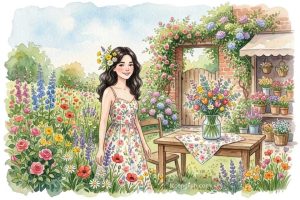 Flowers, flowers everywhere, In the garden, in my hair. In the vase, at the store, On the table, on the door. What a lovely time of year, Flowers blooming everywhere.