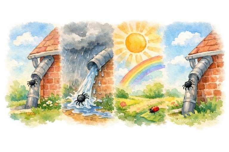 The itsy bitsy spider went up the water spout. Down came the rain, and washed the spider out. Out came the sun, and dried up all the rain, And the itsy bitsy spider went up the spout again. 小小蜘蛛兒