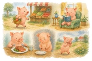 This little piggy went to market, This little piggy stayed home, This little piggy had roast beef, This little piggy had none, And this little piggy cried "Wee, wee, wee!" all the way home. mother goose nursery rhymes 鵝媽媽童謠