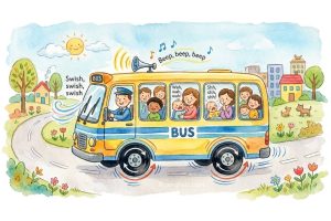 The wheels on the bus go round and round, Round and round, round and round. The wheels on the bus go round and round, All day long. The wipers on the bus go Swish, swish, swish, Swish, swish, swish, swish, swish, swish. The wipers on the bus go Swish, swish, swish, All day long. The horn on the bus goes Beep, beep, beep, Beep, beep, beep, beep, beep, beep. The horn on the bus goes Beep, beep, beep, All day long. The babies on the bus go "Wah, wah, wah!" Wah, wah, wah, wah, wah, wah. The babies on the bus go "Wah, wah, wah!" All day long. The mommies on the bus go "Shh, shh, shh!" Shh, shh, shh, shh, shh, shh. The mommies on the bus go "Shh, shh, shh!" All day long. 英文兒歌 公車上的輪子