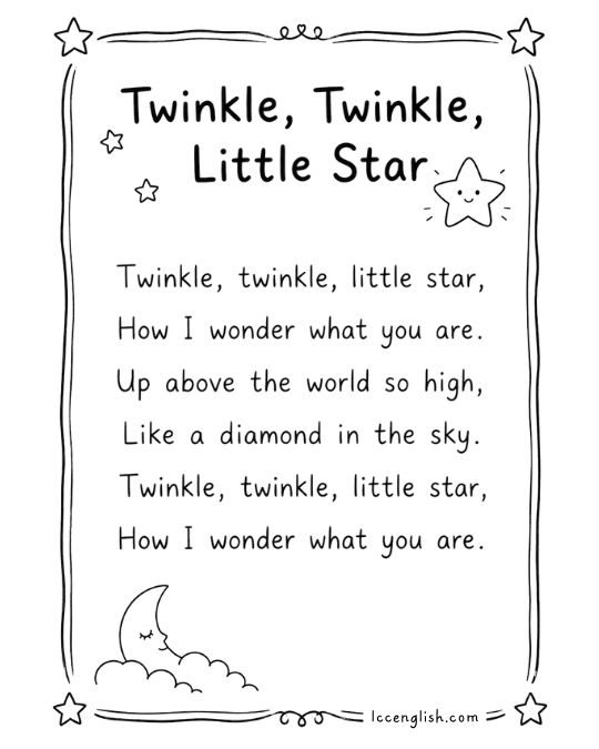 Black and white printable lyric card for the nursery rhyme Twinkle Twinkle Little Star with hand-drawn illustrations for kids and ESL learners.