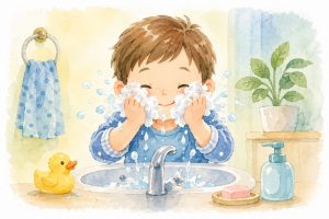 Wash, wash, wash your face Wash it nice and clean Scrubbily, bubbly, bubbly, scrubbily 'Til you′re nice and clean 洗臉
