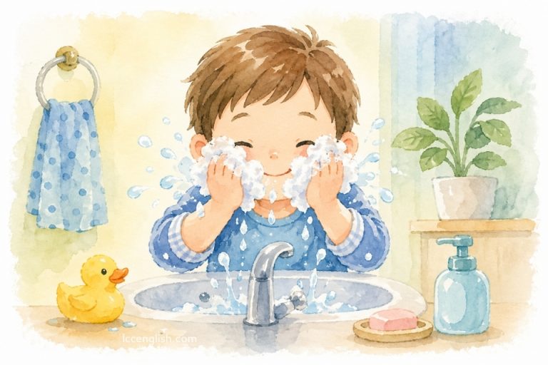 Wash, wash, wash your face Wash it nice and clean Scrubbily, bubbly, bubbly, scrubbily 'Til you′re nice and clean 洗臉