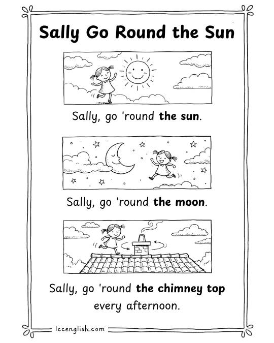 Black and white printable nursery rhyme lyric card with English lyrics and hand-drawn illustrations for kids and ESL learners.