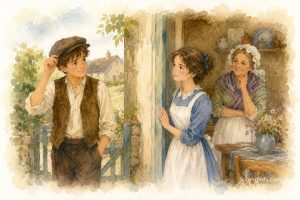 Watercolor illustration for the traditional folk song "Billy Boy," showing a boy greeting a young woman at her cottage while her mother smiles from inside.
