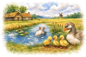 Go Tell Aunt Rhody watercolor illustration showing a mother duck and ducklings mourning by a pond in a peaceful countryside setting.