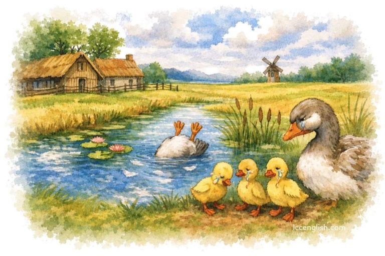 Go Tell Aunt Rhody watercolor illustration showing a mother duck and ducklings mourning by a pond in a peaceful countryside setting.