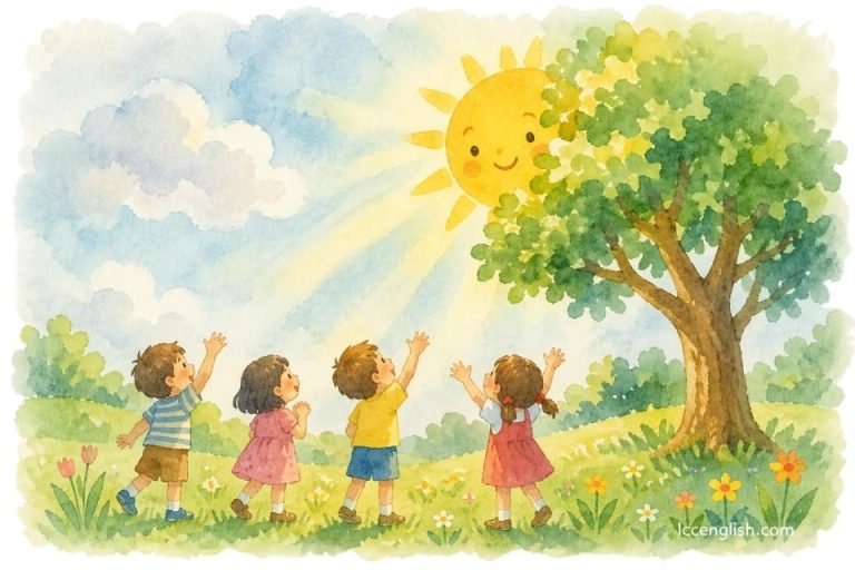 Watercolor illustration for the children's song "Oh, Mr. Sun," featuring four children waving to a smiling sun beside a large tree on a sunny day.