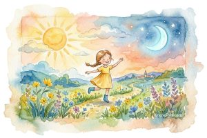 Watercolor illustration for "Sally Go Round the Sun" featuring a happy girl dancing among colorful flowers with the sun and moon in the sky.