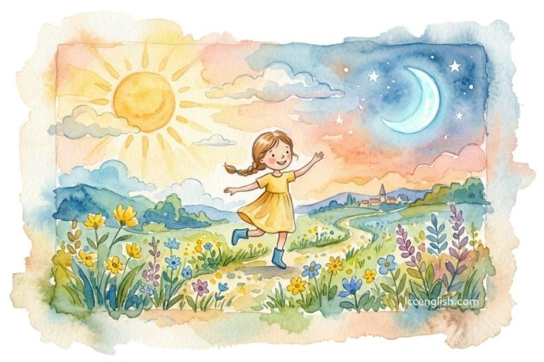 Watercolor illustration for "Sally Go Round the Sun" featuring a happy girl dancing among colorful flowers with the sun and moon in the sky.